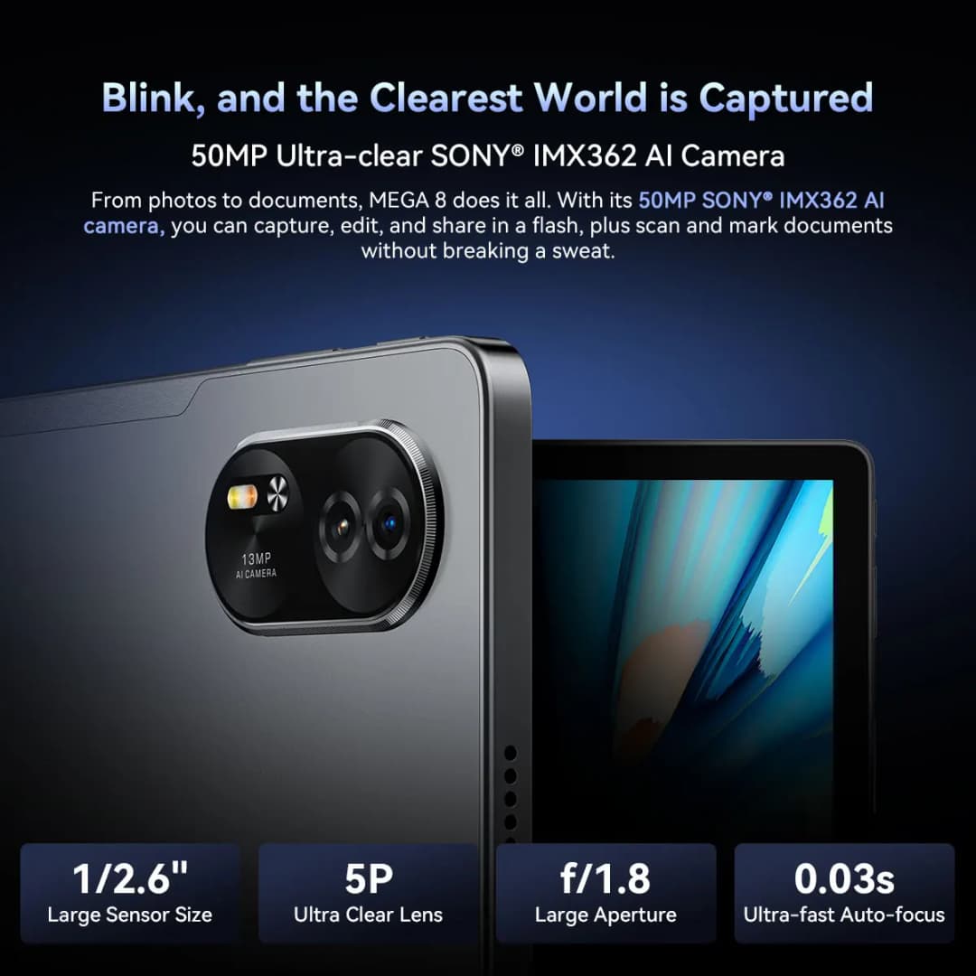 جهاز بلاك فيو ميجا 8 اللوحي بشاشة 13 بوصة FHD+ مع معالج يونيسوك T620، ذاكرة وصول عشوائي 12 جيجابايت + 24 جيجابايت، ذاكرة قراءة 512 جيجابايت، بطارية 11000 مللي أمبير، كاميرا 50 ميجابكسل، أندرويد 15، جهاز لوحي 4G - 6