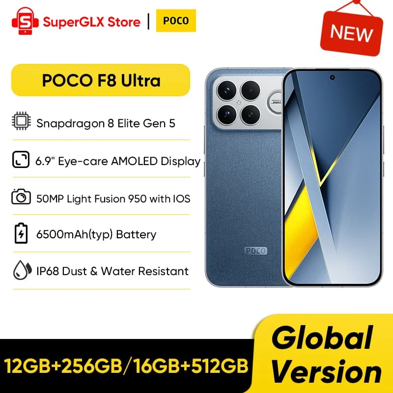 هاتف POCO F8 ألترا الأصلي الإصدار العالمي 5G مع معالج Snapdragon 8 Elite Gen 5 وشاشة AMOLED مقاس 6.9 بوصة وكاميرا 50 ميجابكسل وبطارية 6500 مللي أمبير وشحن فائق السرعة 100 واط