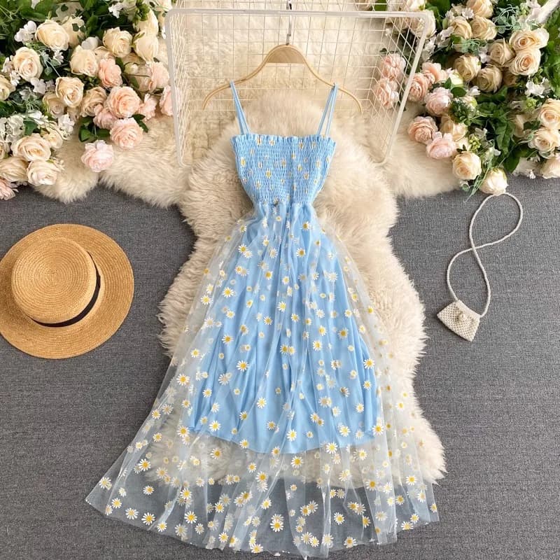 Women Dress 2026 New Summer Fashion Fairy Mesh Party Dress Korean Pop Floral Print Vacation Beach Dress Streetwear Sundress - 4