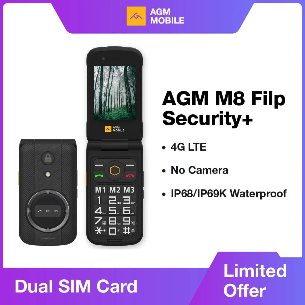 هاتف قلاب متين AGM M8 آمن لكبار السن بدون كاميرا/بلوتوث ضد الماء شاشة 2.8” QVGA 4G زر طوارئ SOS بطارية 1500 مللي أمبير راديو FM