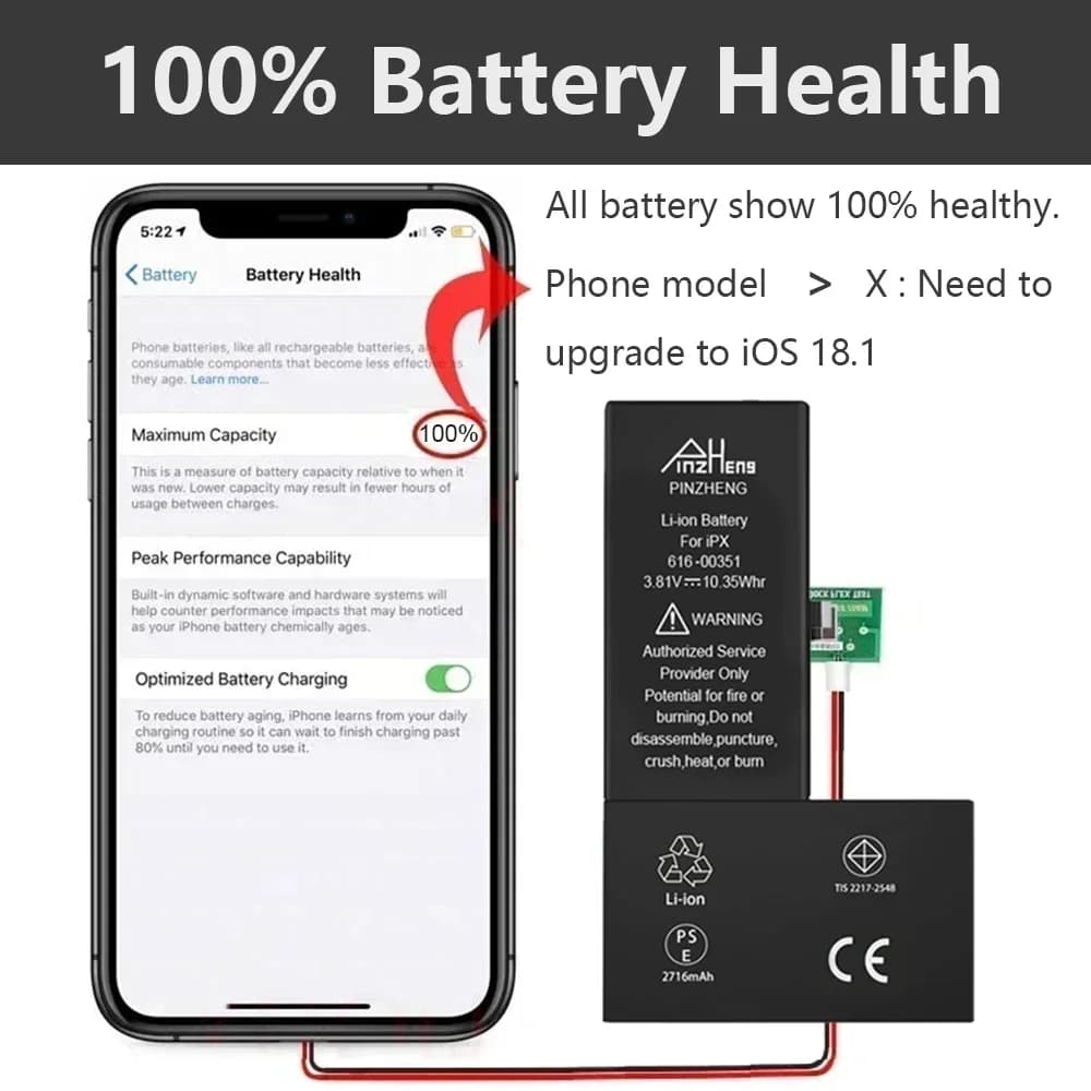 PINZHENG Battery For iPhone X XR XS 11 12 13 Mini Max Pro Promax Real High Capacity Replacement Bateria Warranty One Year - 3