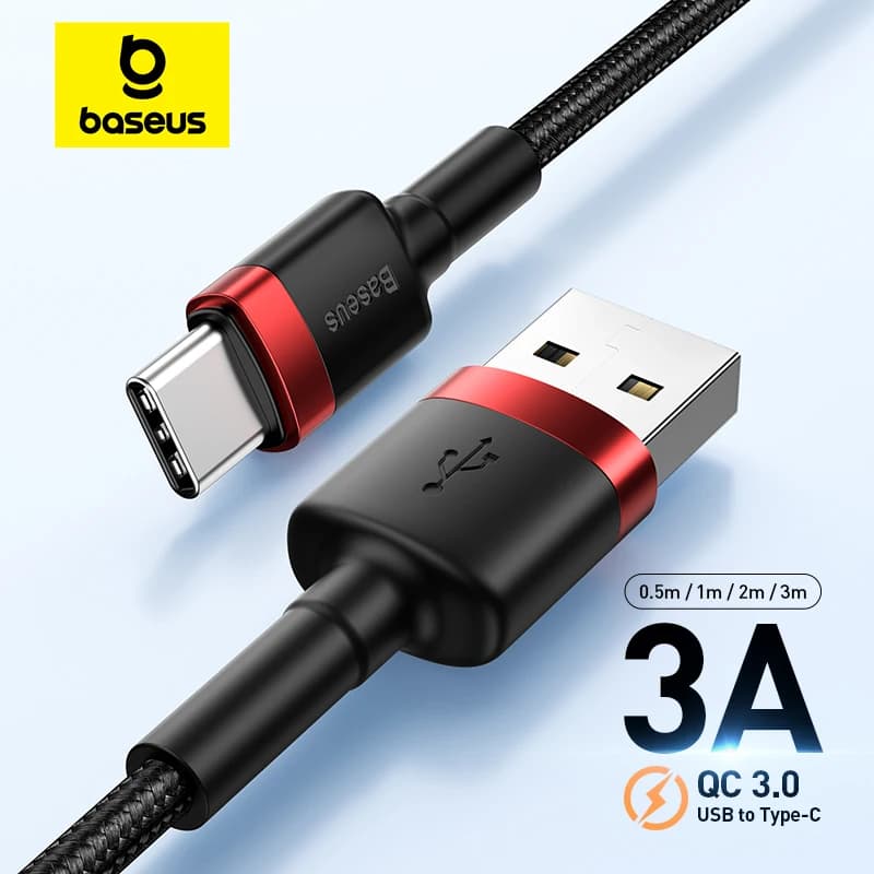 كابل Baseus USB Type C بقدرة 60 واط و3 أمبير لهواتف Huawei وHonor وXiaomi وSamsung، شحن فائق السرعة، شاحن USB C، كابل بيانات