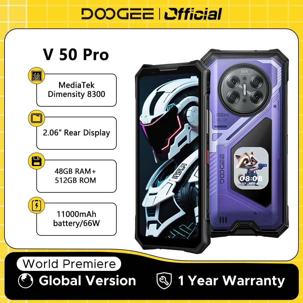 World Premiere DOOGEE V50 Pro Rugged Phone 52GB+1TB AI Pets Dimensity 8300 6.78" FHD+ 11000mAh 66W 200MP Camera Android 16 NFC