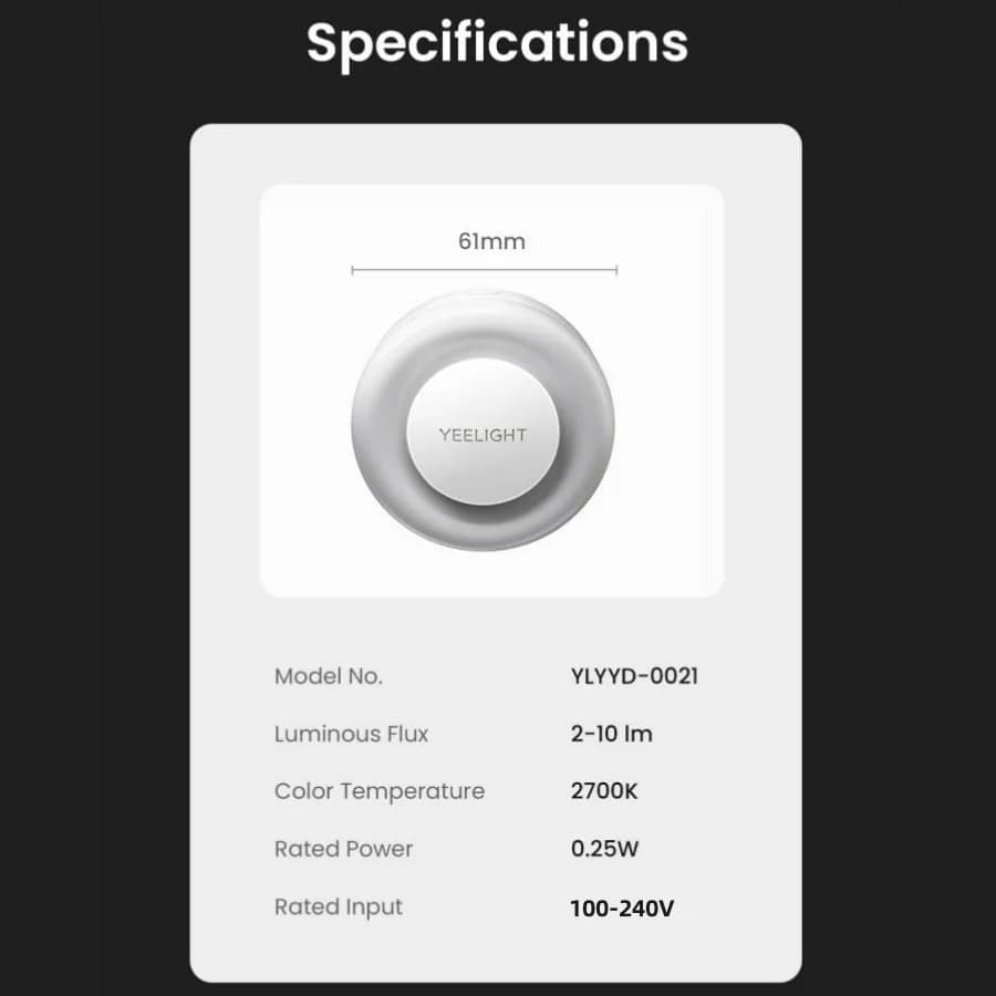 Yeelight Plug-in Light Sensor NightLight Mini Sensor Night Light Warm White 2700K Ultra Energy Efficient 0.25W 110-240V EU Plug - 6