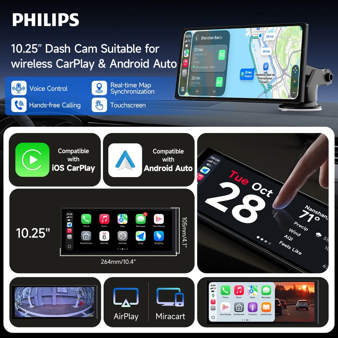 Philips 10.25-inch Smart Dash Cam Compatible with ISO Wireless CarPlay and Android Auto, Loop Recording, Built-in Speaker - 3