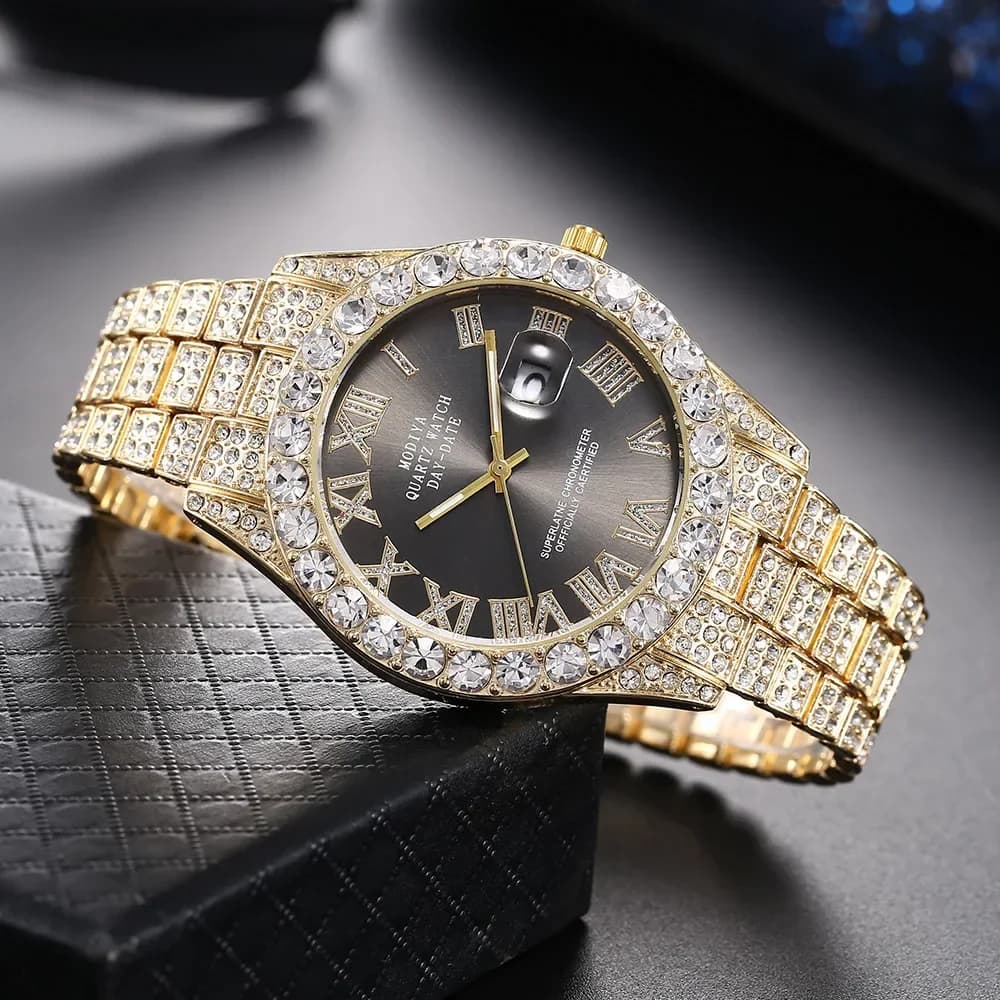 Hot Sale Diamond Bling Watch Men Gold Color Luxury Gift Quartz Watches Male Clock Dropshipping  Rhinestone Calendar Wristwatch - 5