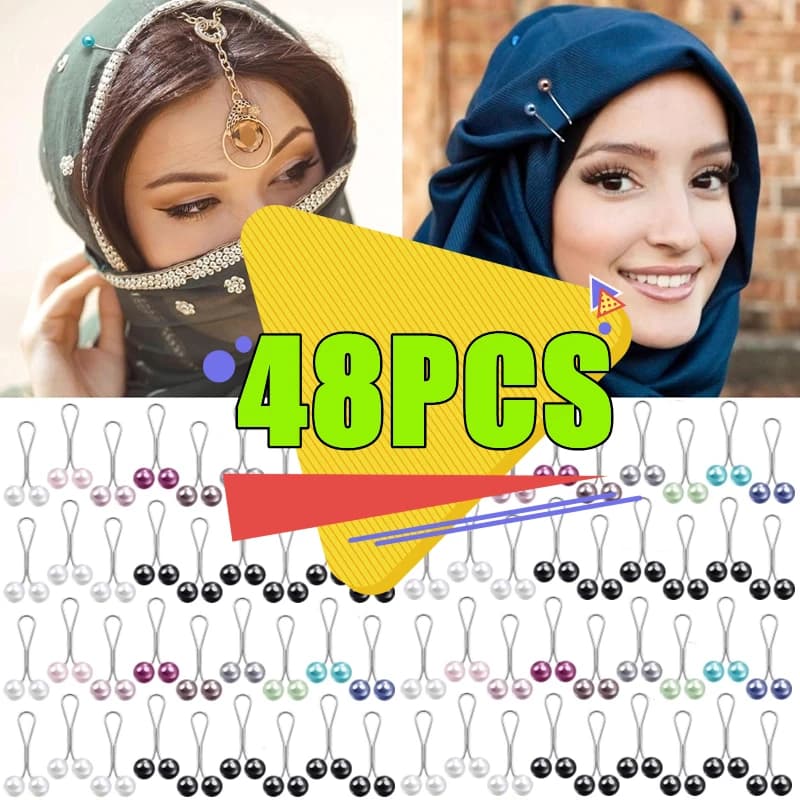 2-48 قطعة دبابيس ثابتة للحجاب، مشبك حجاب لؤلؤي، إكسسوارات وشاح للنساء