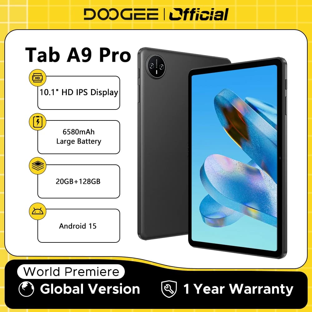 جهاز لوحي DOOGEE Tab A9 Pro شاشة 10.1 بوصة HD نظام Android 15 ذاكرة وصول عشوائي 20 جيجابايت ذاكرة قراءة فقط 128 جيجابايت بطارية كبيرة 6580mAh مكبرات صوت مزدوجة 8MP+5MP جهاز لوحي