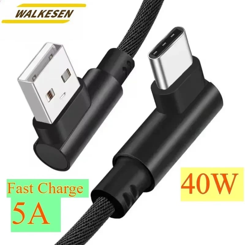 كابل شحن سريع 40W 5A USB إلى Type C، كابل بيانات منسوج، 90 درجة، كابل شحن هاتف لآيفون وXiaomi وريدمي وهواوي