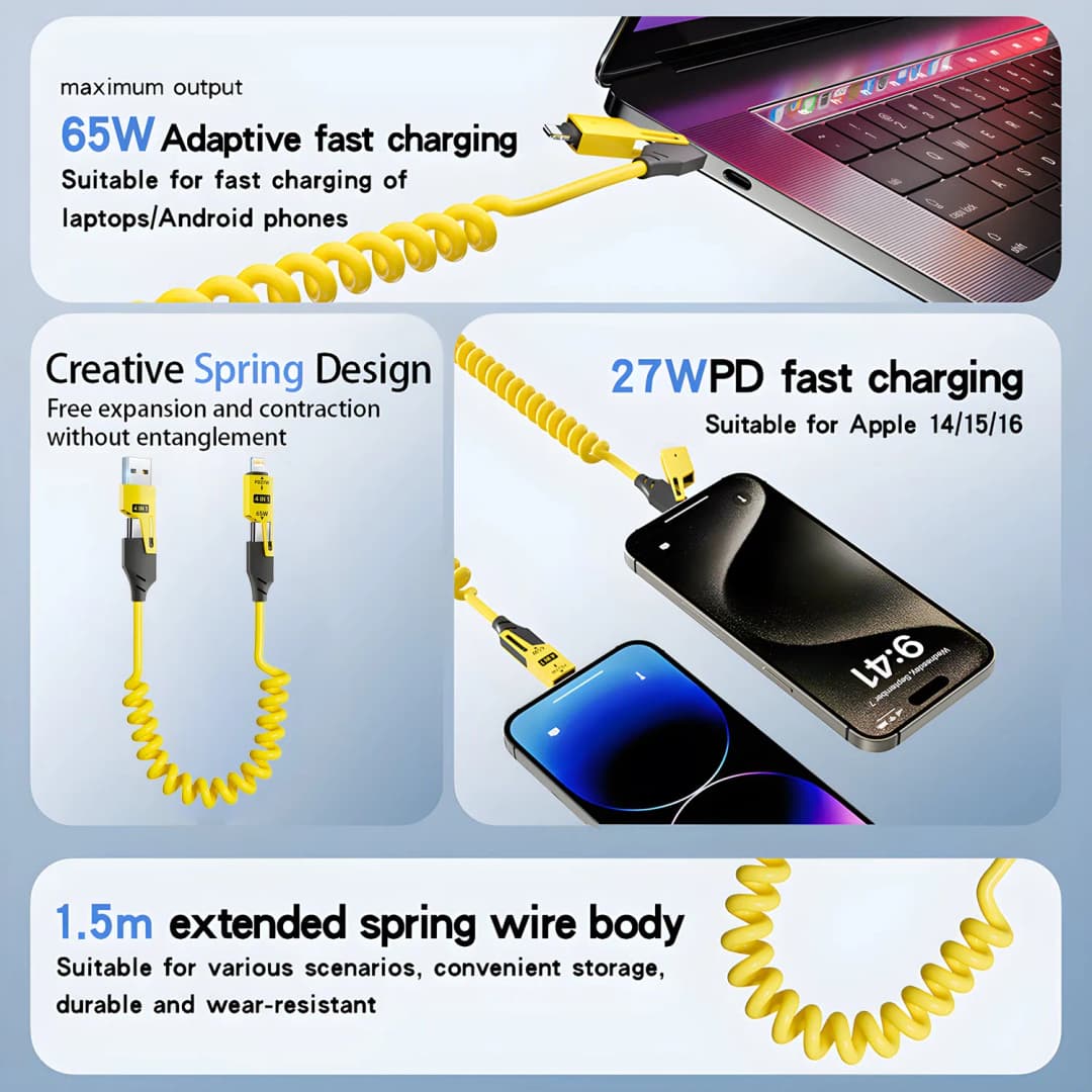 65W Quick Charger Spring USB Cable 4 in 1 Spring Data Cable 6A USB Type C Spring Telescopic Wire for iPhone iPad MacBook Huawei - 3