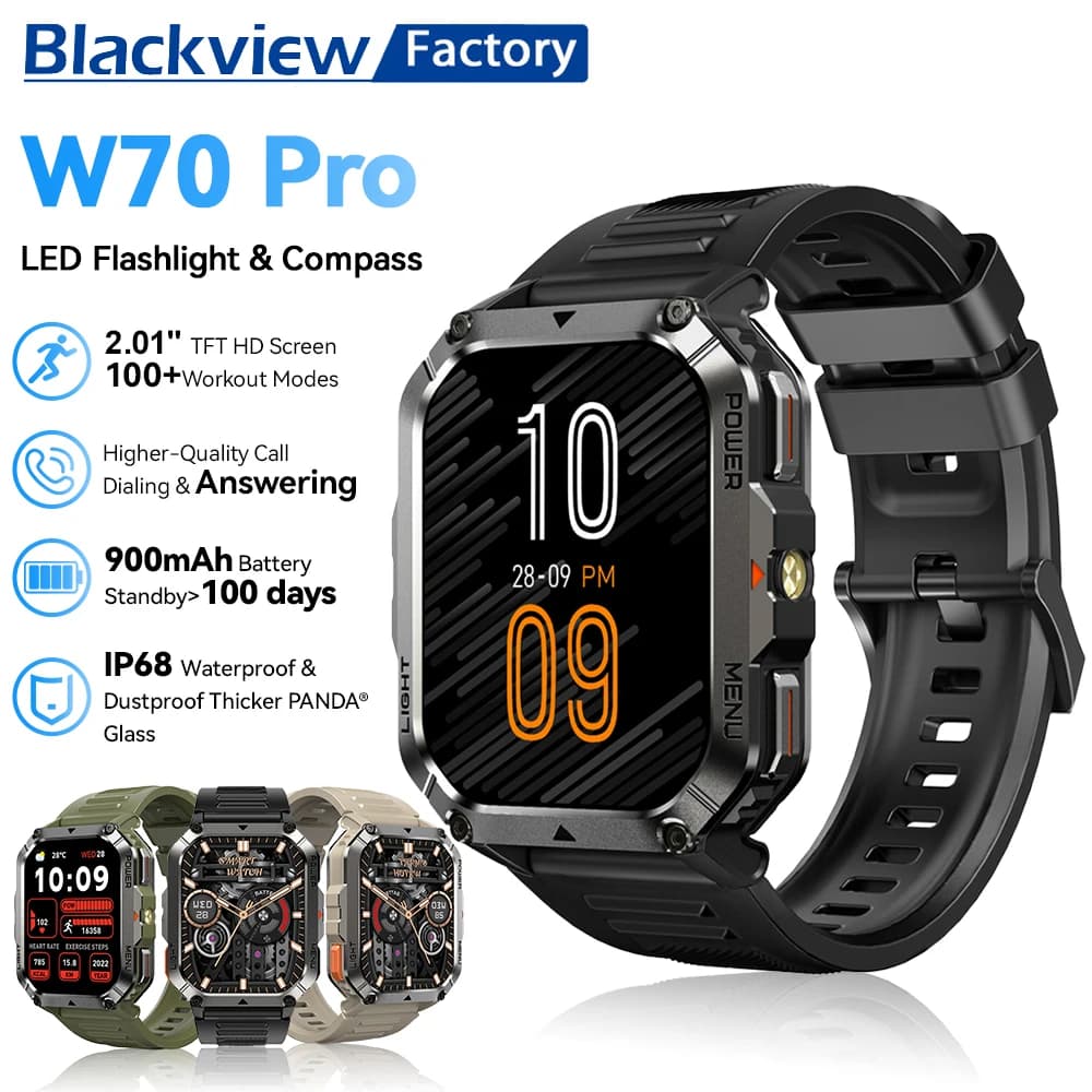 Blackview W70 Pro Smartwatch 2.01'' Screen Bluetooth Voice Calling Outdoor Sports Fitness Smart Watch With LED Flashlight Compas