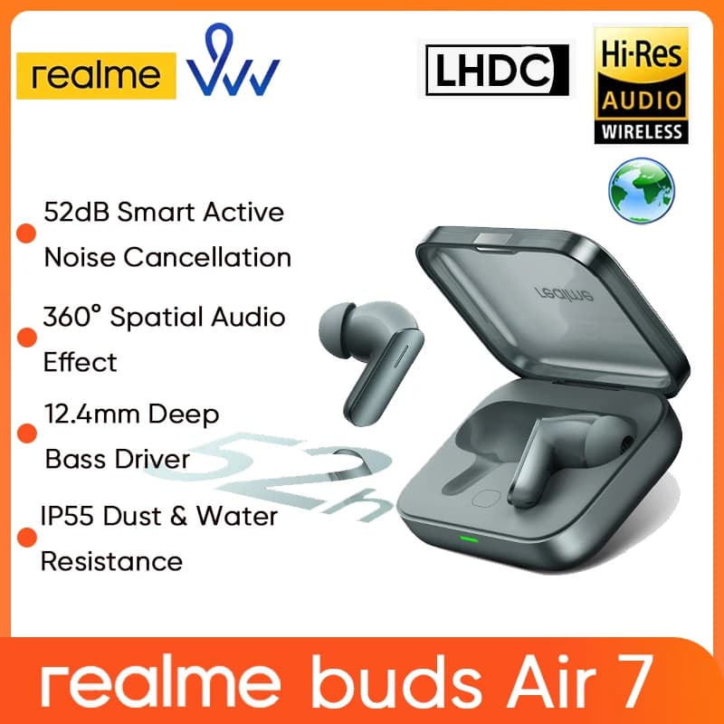الإصدار العالمي ريالمي بودز اير 7 سماعة بلوتوث 5.4  هاى ريز إل دى إيه سي 52 ديسيبل تقليل الضوضاء 2.0 سماعة رأس لاسلكية  بودز اير7