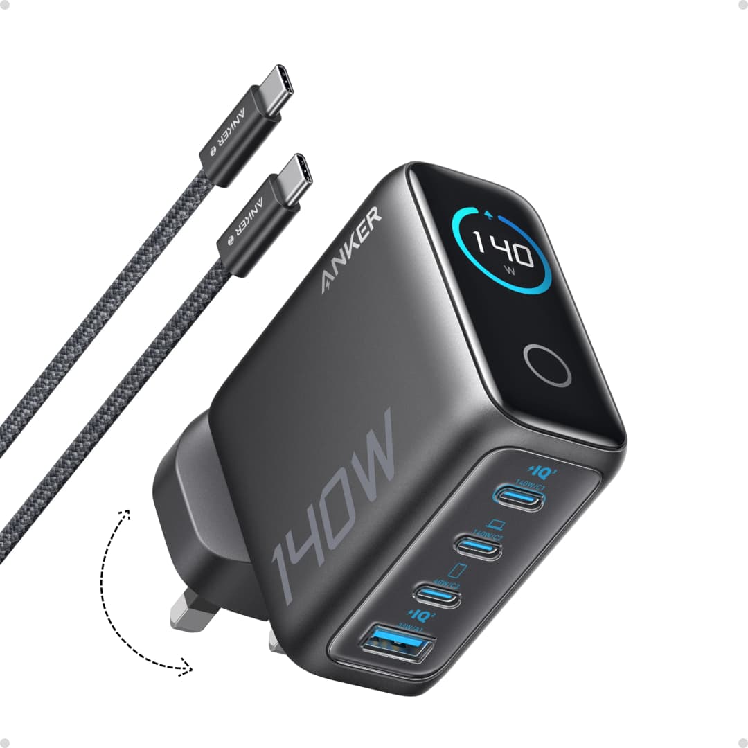 Anker Laptop Charger, 140W Max 4-Port GaN USB C Charger with Smart Display, Fast Charging Power Adapter (Include 5FT Cable)