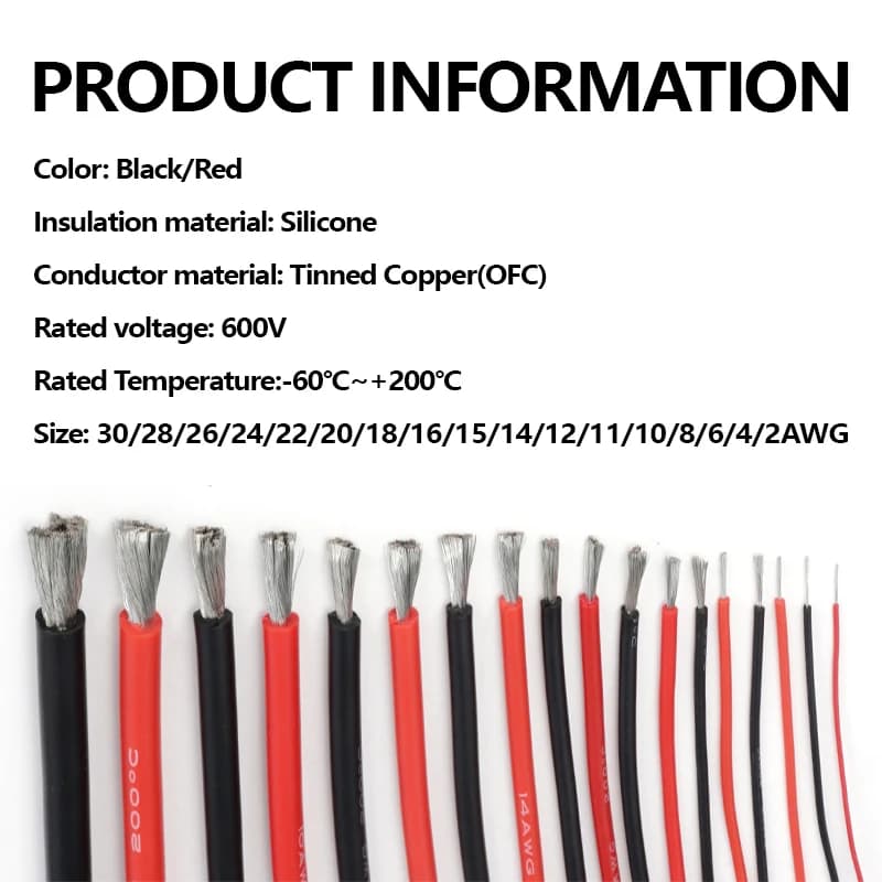 1m ~ 50m Red Black Soft Silicone Power Cable 30/28/26/24/22/20/18/16AWG Heat Resistant Electrical Wire For Car Battery LED Light - 2