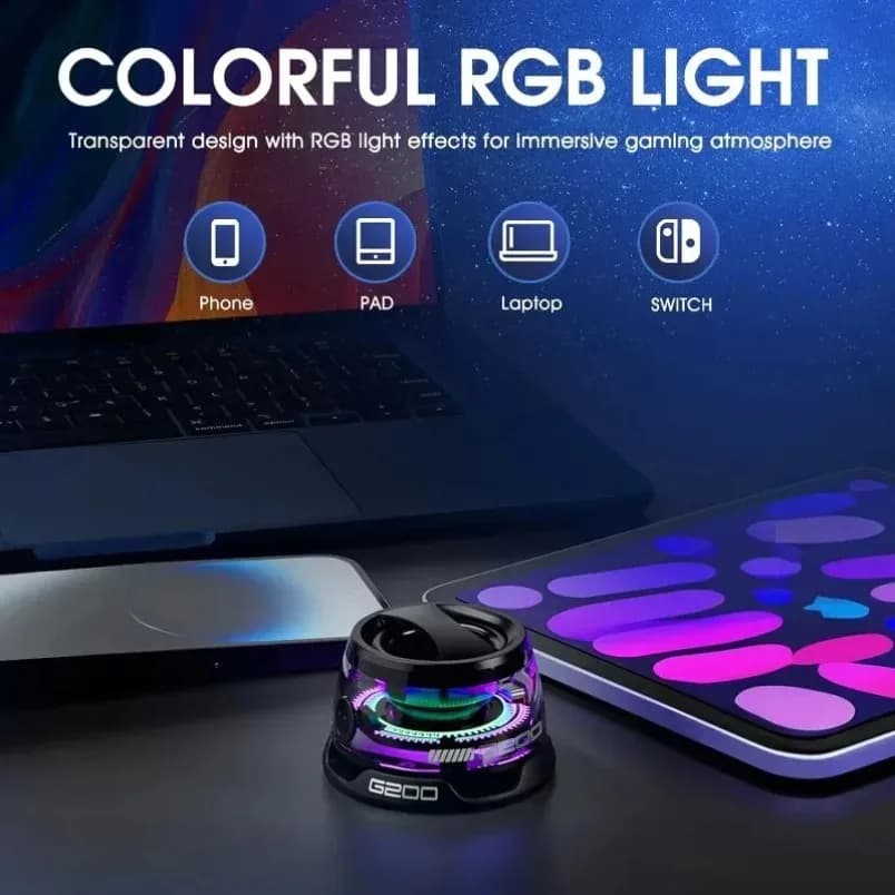 سماعة ستيريو محمولة صغيرة للسفر سماعة بلوتوث مغناطيسية خارجية لاسلكية مع إضاءة ملونة RGB وحامل هاتف لنظام IOS - 6