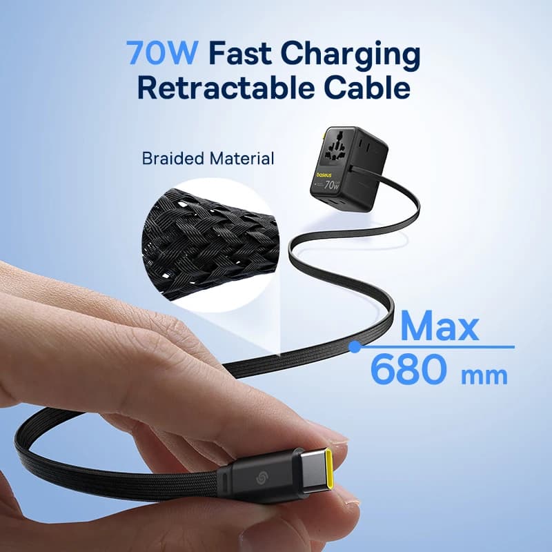 Baseus GaN Charger Universal Travel Adapter Built in 70W Retractable Cable 2AC 2 USB-A Type-C Fast Charging EU/UK/USA/AUS - 4