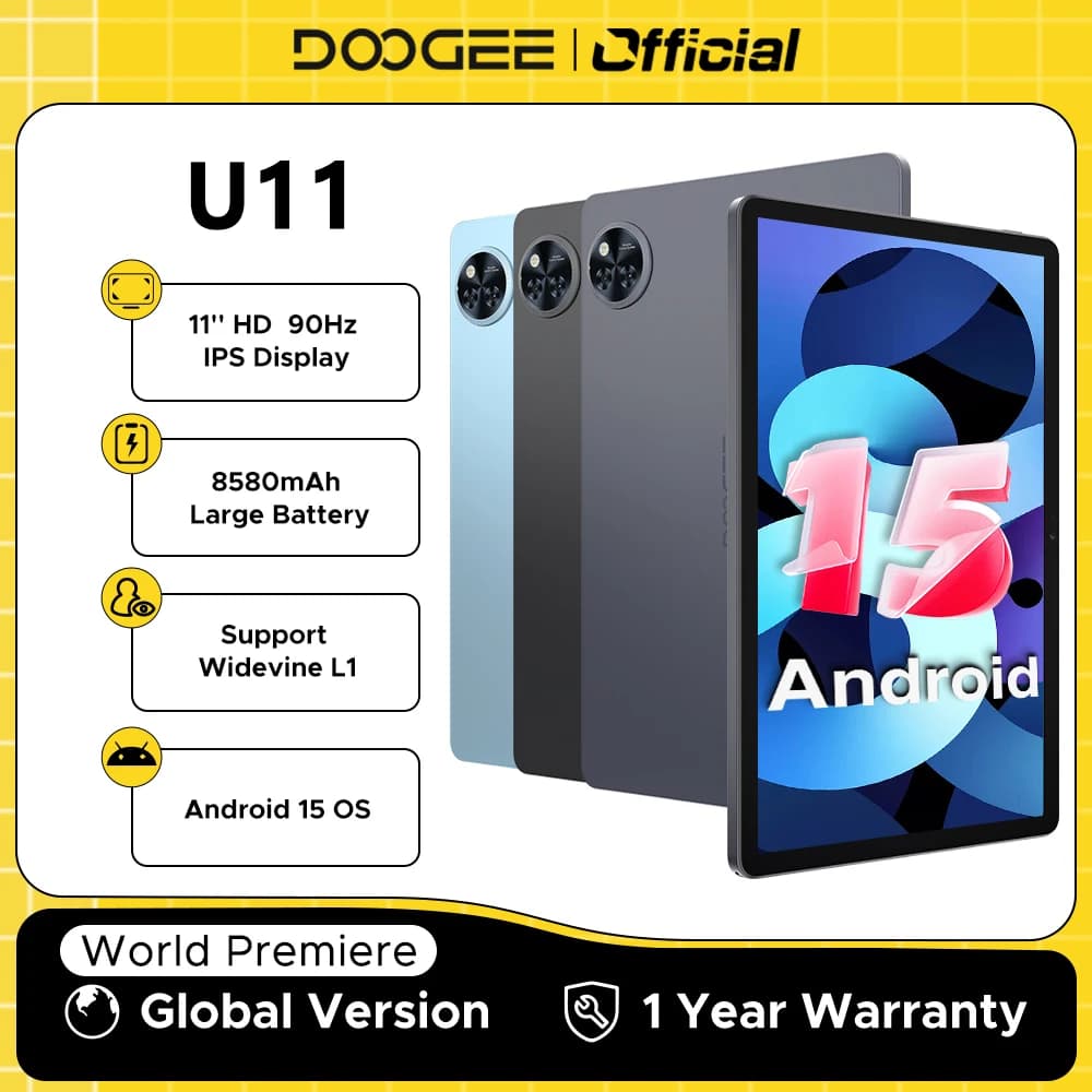 الإصدار العالمي لجهاز DOOGEE U11 اللوحي بذاكرة 16 جيجابايت (4+12) و128 جيجابايت وشاشة 11 بوصة فائقة الوضوح بمعدل تحديث 90 هرتز ومعالج ثماني النواة وبطارية 8580 مللي أمبير وتقنية Widevine L1 ونظام أندرويد 15