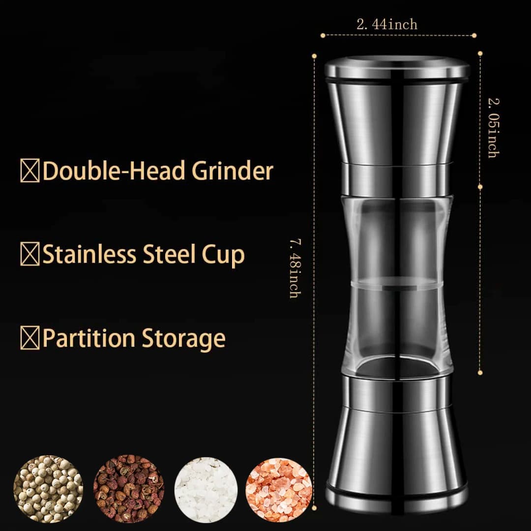2-in-1 Adjustable Pepper Salt Grinder - Rustproof Stainless Steel Manual Mill with Double Heads & Coarseness Control - 2