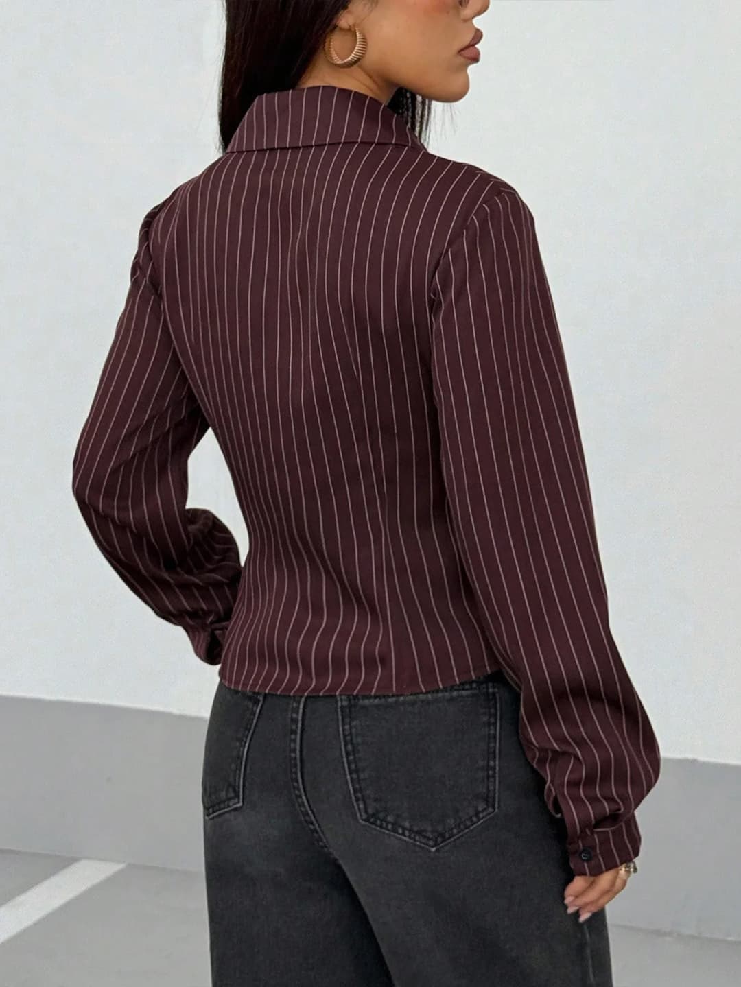 Spring and autumn new retro striped lapel button design slim fit blouse for women - 2