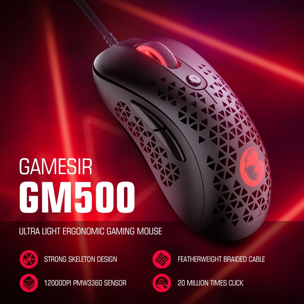 فأرة ألعاب سلكية GameSir GM500 خفيفة الوزن، مستشعر بصري PMW33600، دقة 12000 DPI، متوافقة مع Windows 7 و10 و11