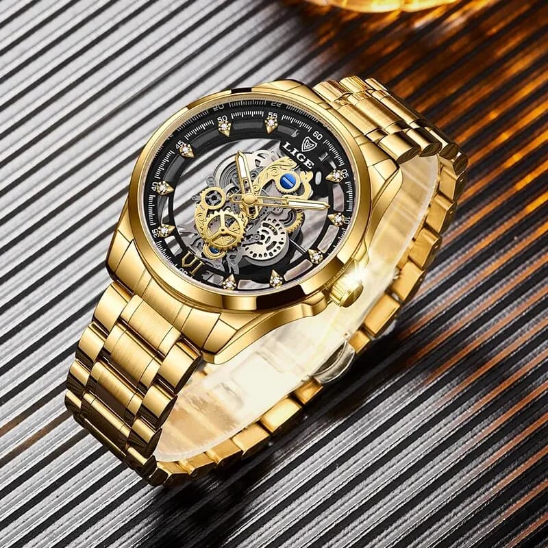 LIGE New Men Watch Skeleton Quartz Wristwatch Gold Skeleton Retro Man Watch Top Brand Luxury Clock Mens Watches Reloj Hombre - 4
