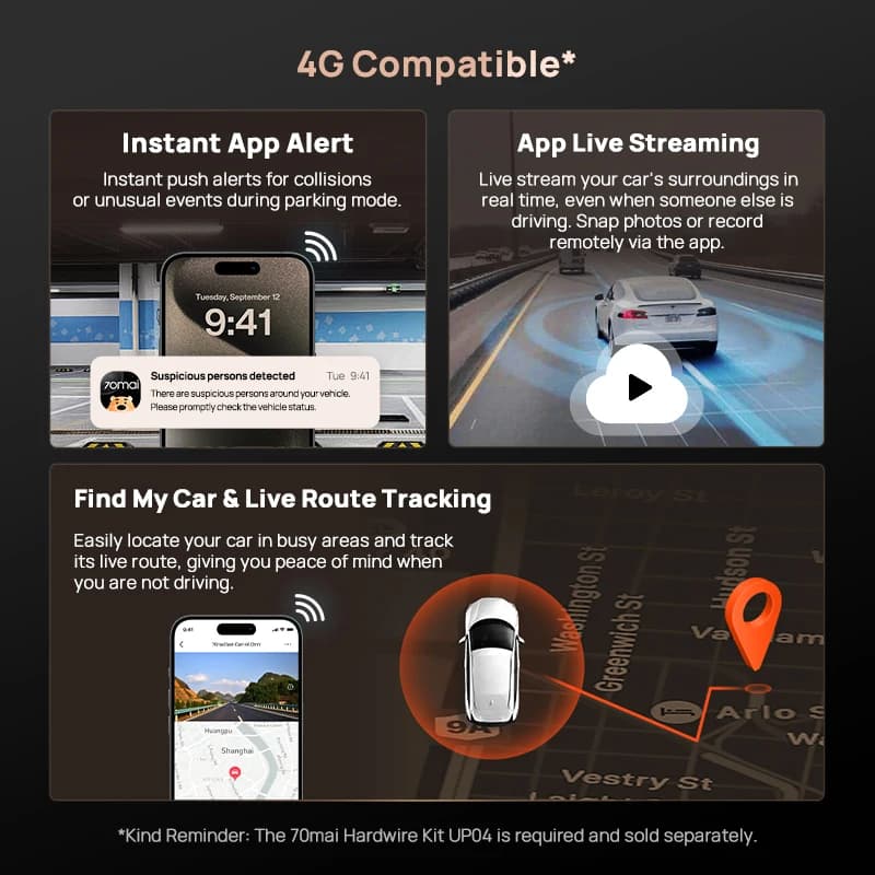 كاميرا داش 70mai A810S بدقة 4K مع HDR و4G LTE وWi-Fi 6، تحكم صوتي ونظام تحديد المواقع ADAS، نسخة مطورة من 70mai A810 - 5