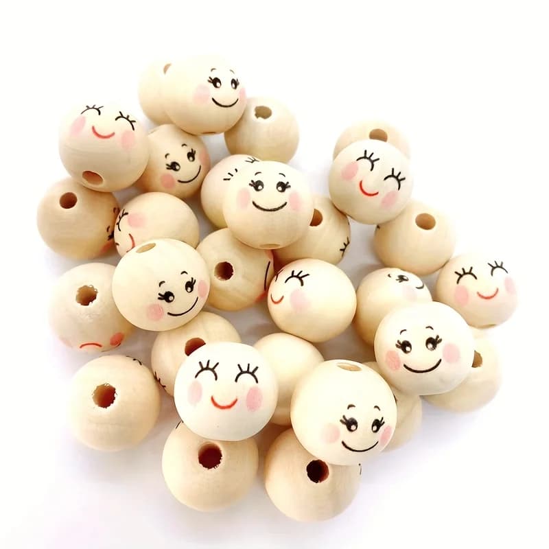 20pcs Smiling Face Wooden Beads For Making Creative DIY Handmade Beaded Craft Supplies