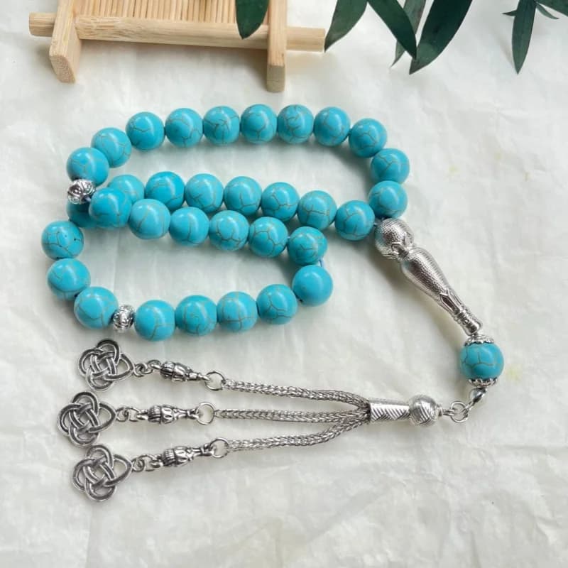 33 مسبحة إسلامية تقليد فيروزية سبحة صلاة تصميم أصلي 10 مللي متر خرز تسبيح مصنوع يدويًا - 6