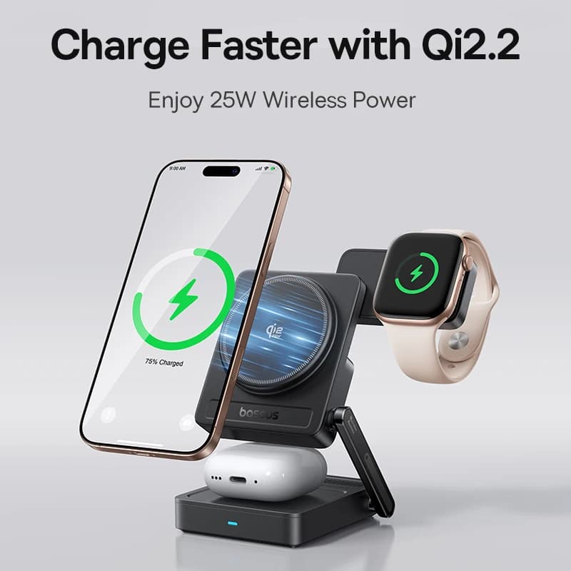 Baseus 3 في 1 شاحن لاسلكي مغناطيسي Qi2.2 شحن سريع 25 واط لهاتف iPhone 17 16 15 14 وساعة Apple وسماعات AirPods Pro وiWatch - 2