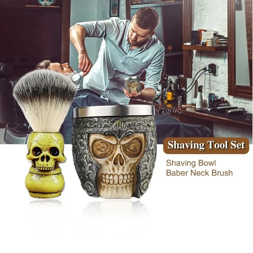 مجموعة حلاقة احترافية بتصميم جمجمة، تشمل فرشاة حلاقة ووعاء صابون رغوي لأدوات تنظيف اللحية والوجه
