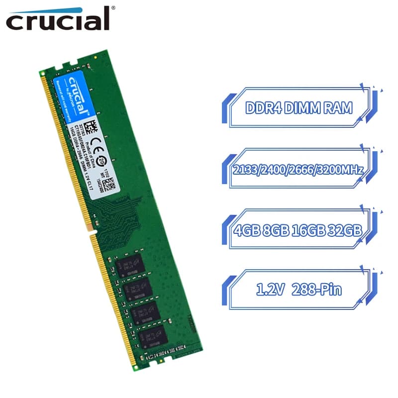 ذاكرة سطح المكتب Crucial DDR4 بسعة 4 جيجابايت و8 جيجابايت و16 جيجابايت و32 جيجابايت بتردد 2133 ميجاهرتز و2400 ميجاهرتز و2666 ميجاهرتز و3200 ميجاهرتز PC4-19200 و21300 و25600 و288-Pin و1.2V بقناة مزدوجة
