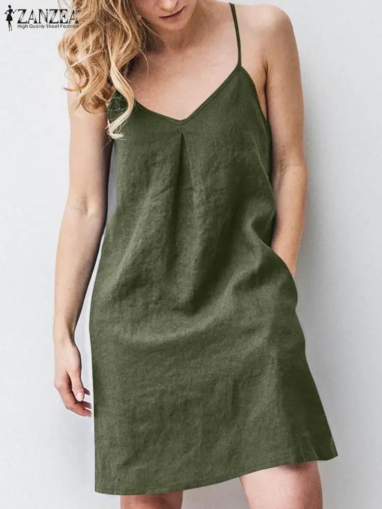 2023 ZANZEA Women Summer Backless Straps Dress Solid Sleeveless V-Neck Sundress Female Casual Robe Party Beach Vestidos Oversize - 4
