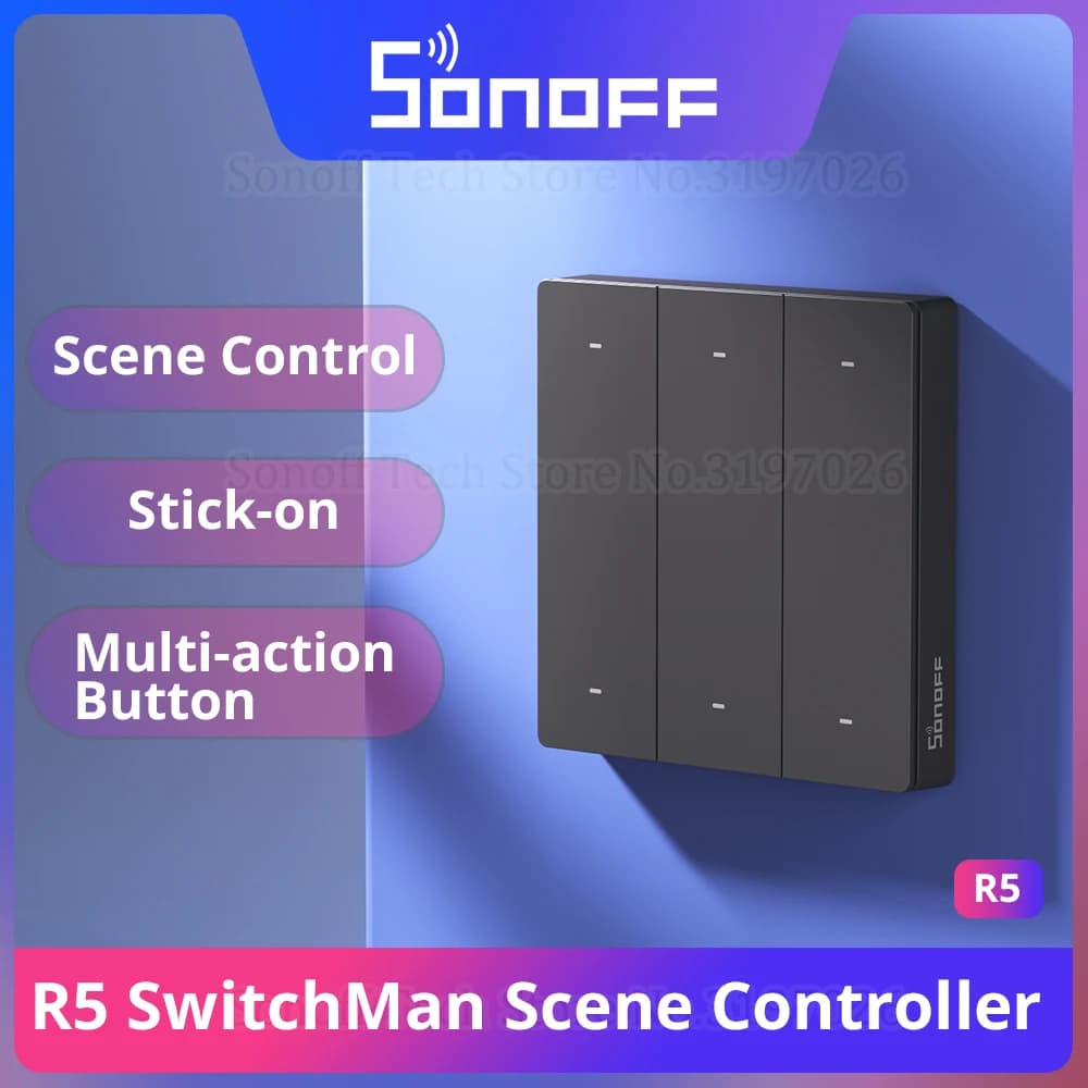 سونوف SwitchMan R5 متحكم في المشاهد، 6 مفاتيح، بدون أسلاك، يلصق، بوابة تحكم عن بعد عبر eWeLink، طرق تشغيل متعددة، يعمل مع M5 MINI R3