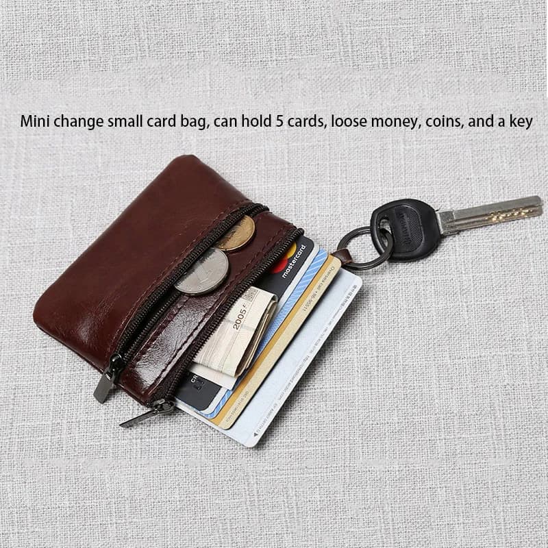 Leather Mini Coin Purse Unisex Simple Portable First Layer Cowhide Retro Handmade Zipper Small Wallet Key Case - 5