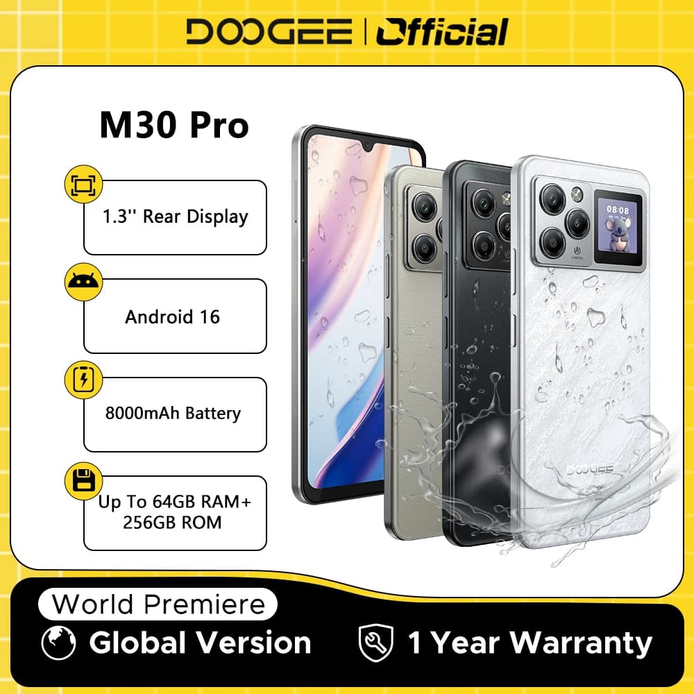 World Premiere DOOGEE M30 Pro Smartphone 1.3'' Rear Display 8000mAh 6.88'' Screen 64GB RAM(8GB+56GB) 256GB ROM Android 16 NFC