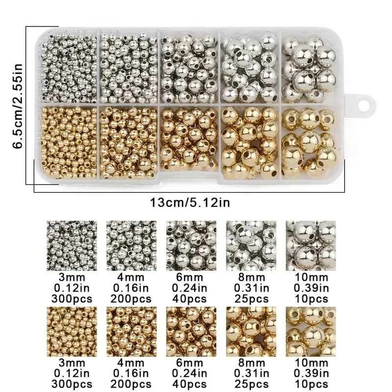 950 قطعة 3/4/6/8/10MM خرزات فضفاضة مستديرة ذهبية وفضية CCB مجموعة صندوق DIY لصنع الإكسسوارات والأساور والعقود - 3
