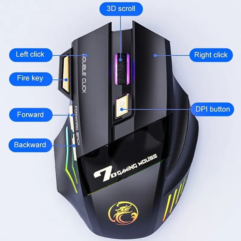 IMICE GW-X7 Wireless Gaming Mouse, 3200DPI Dual-Mode, 7 Programmable Keys, RGB Backlit Rechargeable