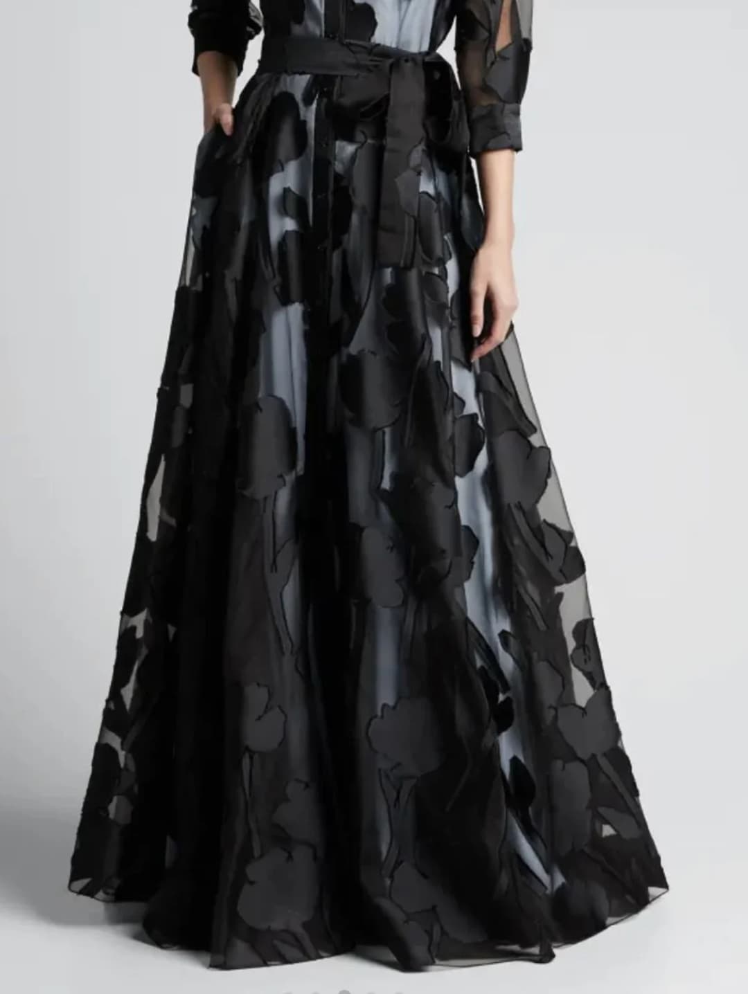 Elegant Three-Quarter Sleeve Knotted Waist Jacquard Mesh Maxi Dress for Women No Lining Transparent Club Party Long Dress - 4