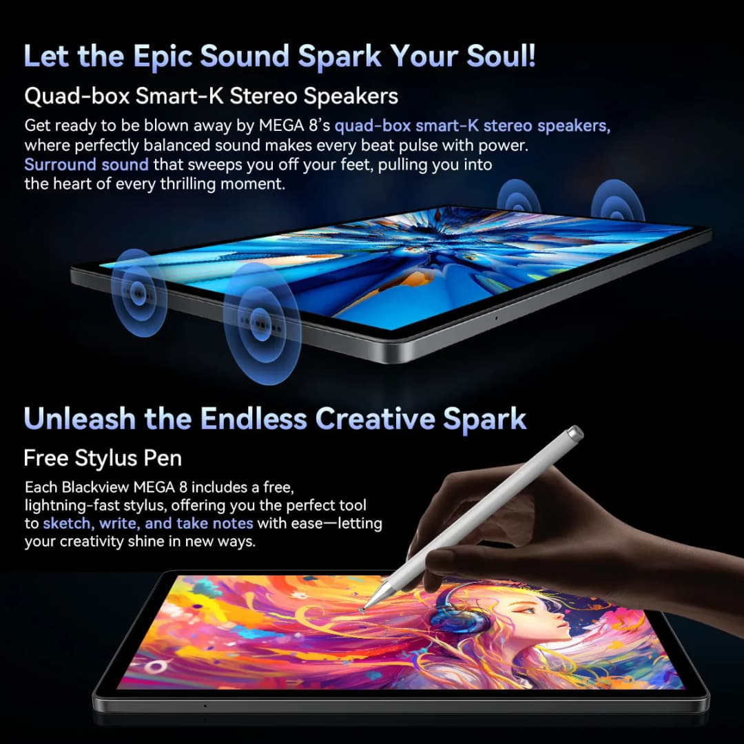 جهاز بلاك فيو ميجا 8 اللوحي بشاشة 13 بوصة FHD+ مع معالج يونيسوك T620، ذاكرة وصول عشوائي 12 جيجابايت + 24 جيجابايت، ذاكرة قراءة 512 جيجابايت، بطارية 11000 مللي أمبير، كاميرا 50 ميجابكسل، أندرويد 15، جهاز لوحي 4G - 5