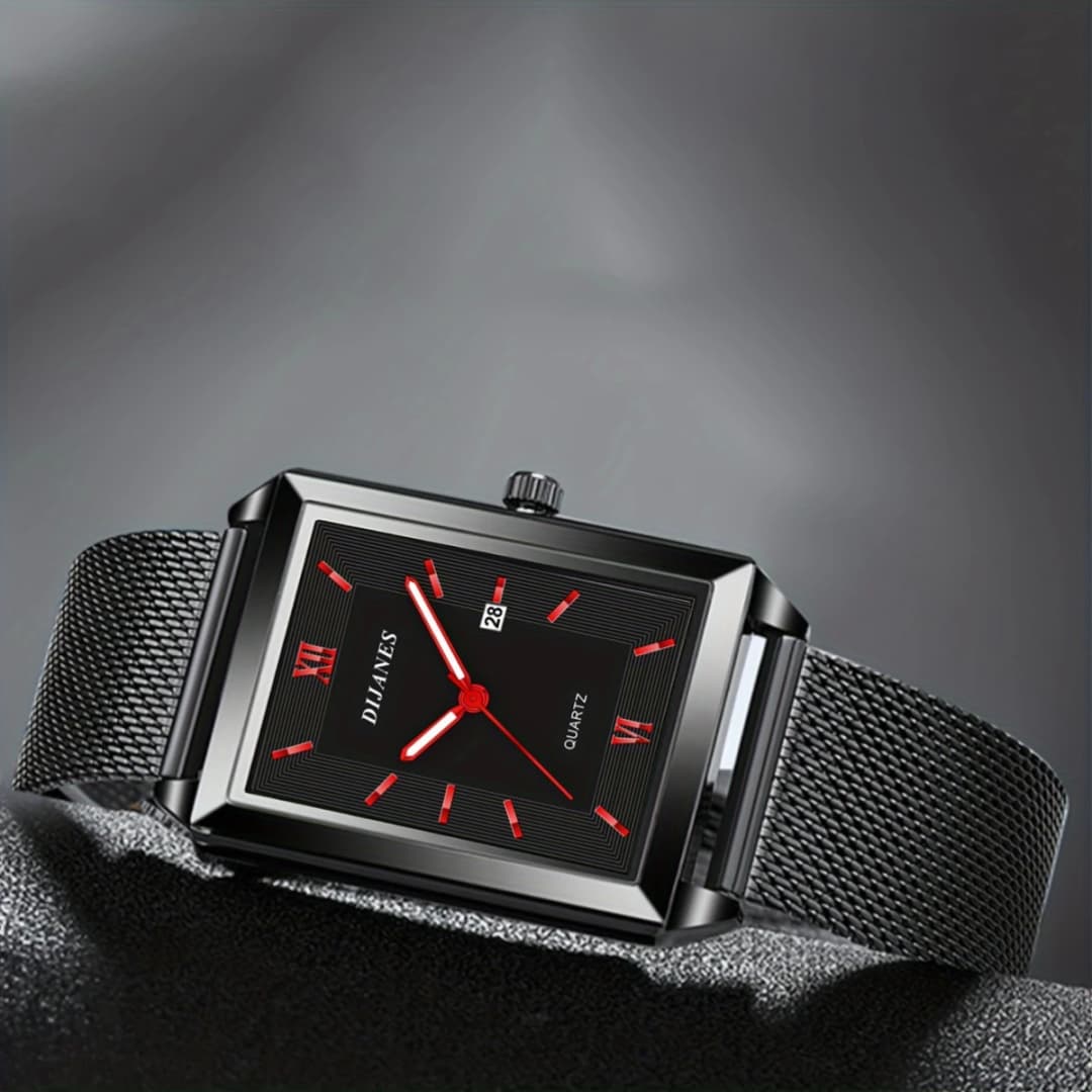 ساعة يد كوارتز مستطيلة من الفولاذ المقاوم للصدأ للرجال، حزام جلد، ساعات عمل أنيقة، ريلوجيو ماسكولينو - 5