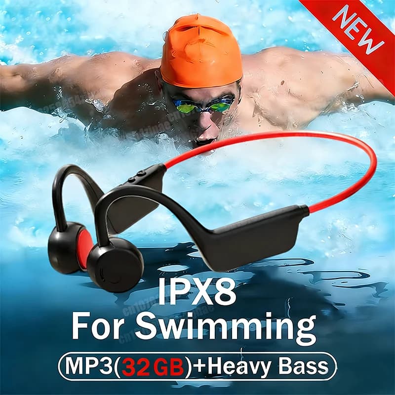 سماعات توصيل عظمي جديدة IPX8 مقاومة للماء MP3 32GB بلوتوث 5.4 سماعات لاسلكية مع ميكروفون للسباحة والرياضة واللياقة البدنية 2026
