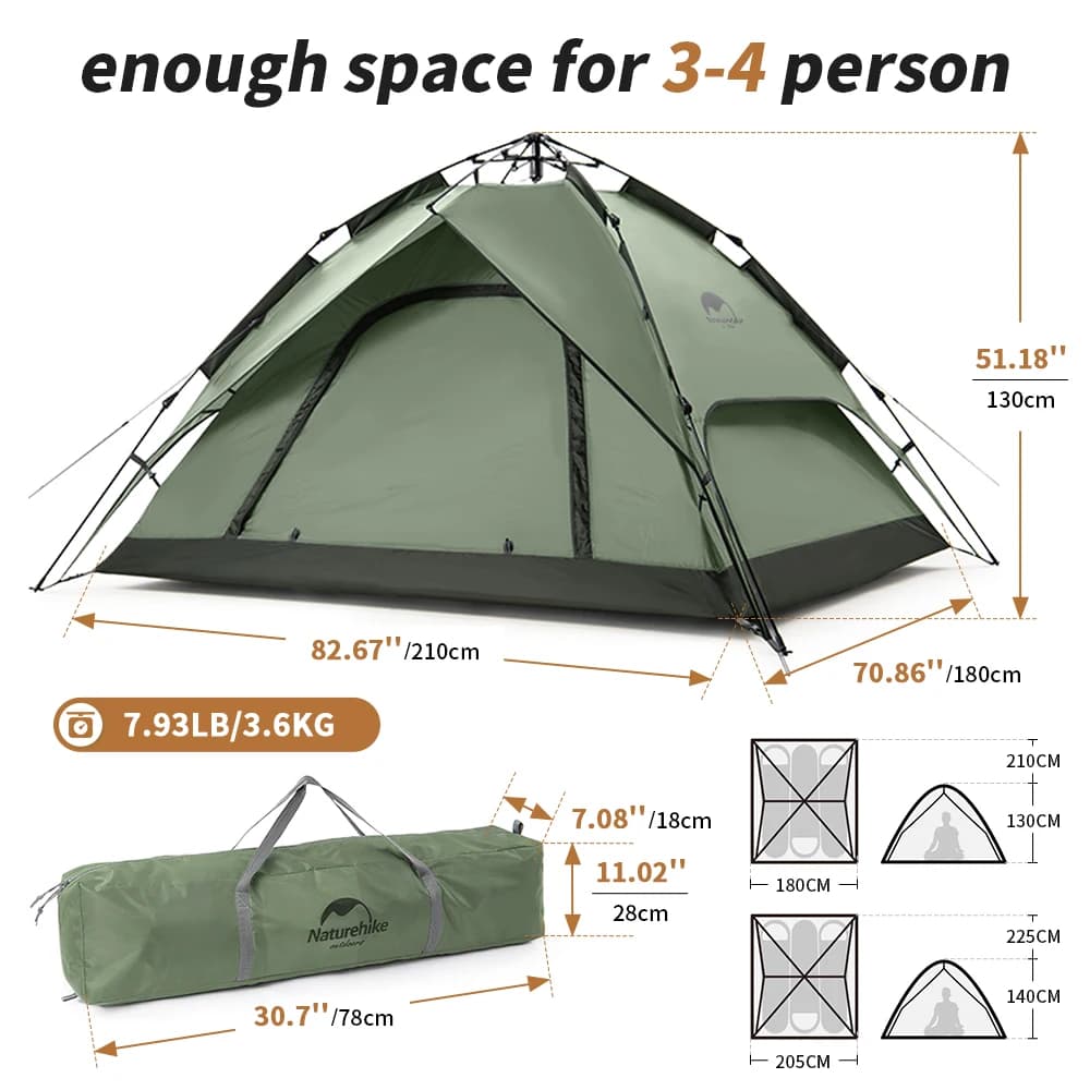 Naturehike Camping Automatic Tent One Touch Waterproof Roof Top Tents Double Door 3 Person Tent Outdoor Beach Fish Shelter Tent - 5