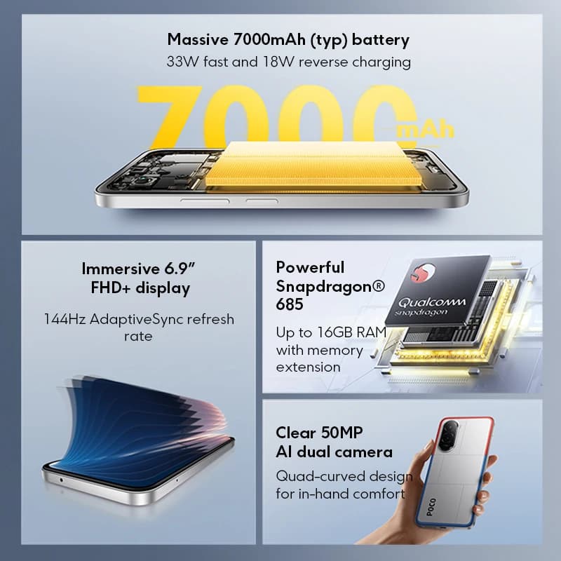 هاتف POCO M7 الإصدار العالمي، معالج Snapdragon® 685، شاشة 6.9 بوصة 144Hz FHD+، كاميرا 50MP، بطارية 7000mAh، شحن سريع 33W، NFC - 2