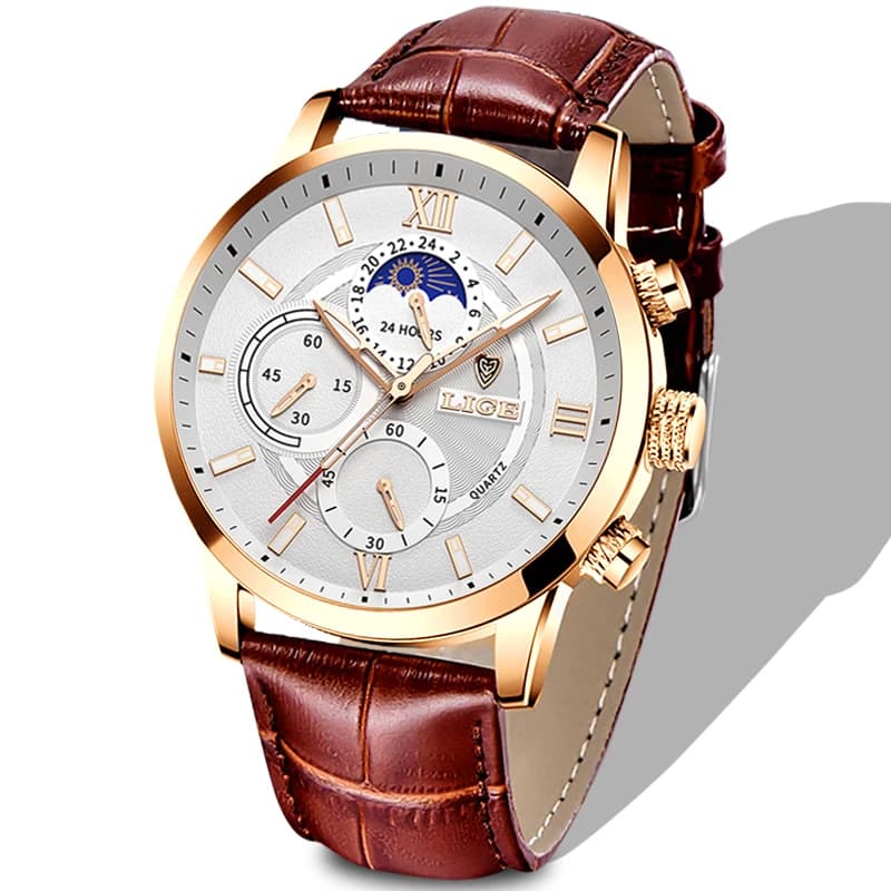 2026 LIGE Watches Mens Top Brand Luxury Clock Casual Leathe 24Hour Moon Phase Men Watch Sports Waterproof Quartz Chronograph+Box - 6