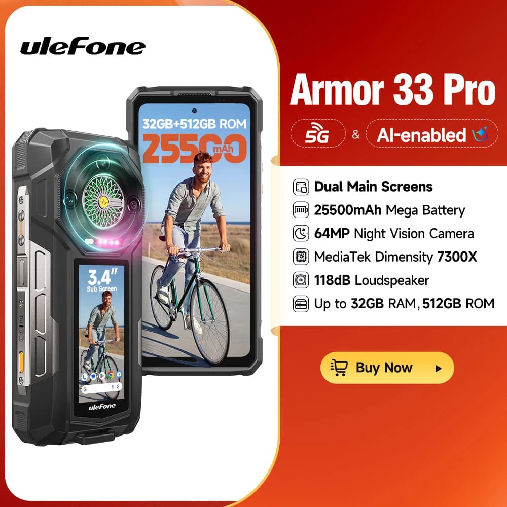 【جديد 2025】 هاتف Ulefone Armor 33 Pro 5G متين ببطارية 25500 مللي أمبير وسعة تخزين 512 جيجابايت وشاشة 120 هرتز مزدوجة وNFC بنظام أندرويد ومعالج MTK Dimensity 7300
