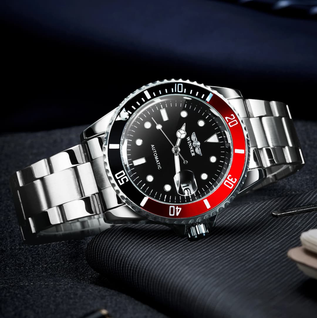 ساعات ميكانيكية كلاسيكية WINNER علامة فاخرة ساعة أعمال أوتوماتيكية للرجال إطار دوار مينا مضيء سوار فولاذي - 4