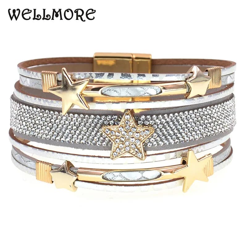 أساور فاخرة من سبائك الزنك على شكل نجمة من WELLMORE للنساء أساور جلد بوهيمية مجوهرات أزياء شحن مباشر بالجملة - 2