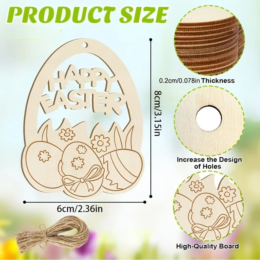 40 قطعة من زينة عيد الفصح الخشبية على شكل أرنب وبيض، غير مكتملة وقابلة للطلاء، زخارف معلقة احتفالية، لوازم الحرف اليدوية - 5