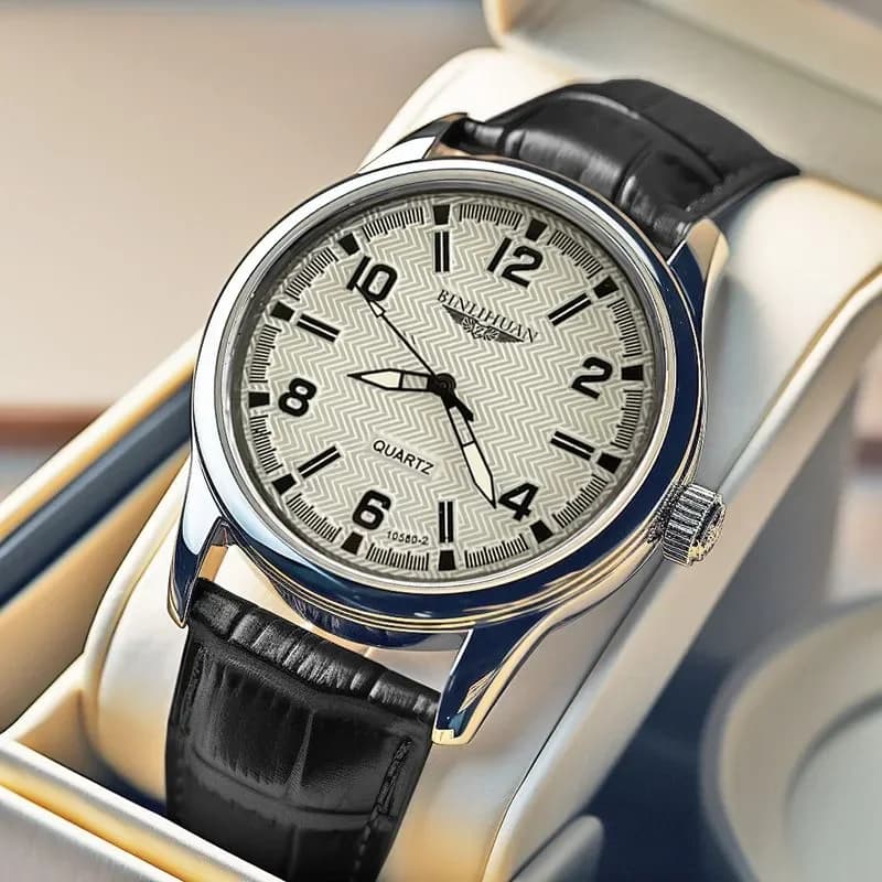 أفضل ماركة ساعة يد رجالية فاخرة للأعمال مقاومة للماء كوارتز ساعة جلدية رجالية ريلوج + صندوق هدية - 2