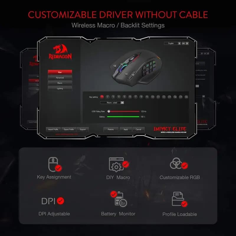 Redragon M913 Gaming 16000 DPI Wired 2.4Ghz Wireless RGB Optical Gamer Mice 16 Programmable Buttons, Black/White Mouse - 5